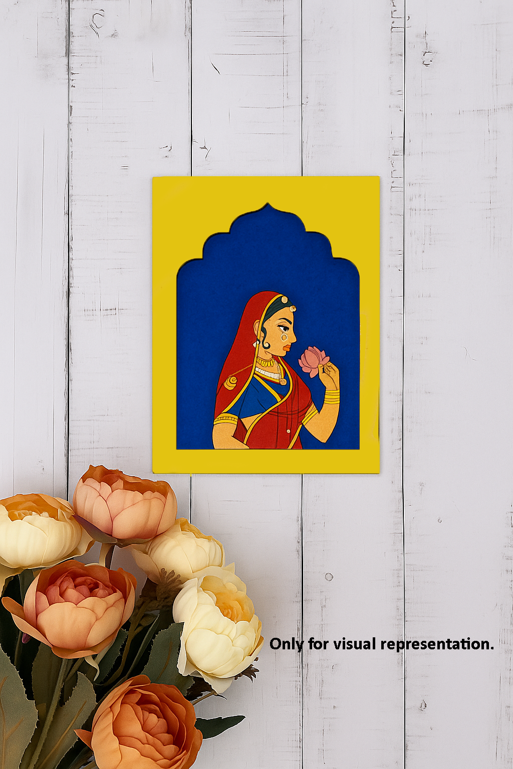Traditional Rajasthani woman wall hanging MDF base, painted with vibrant red and blue attire, holding a lotus flower.