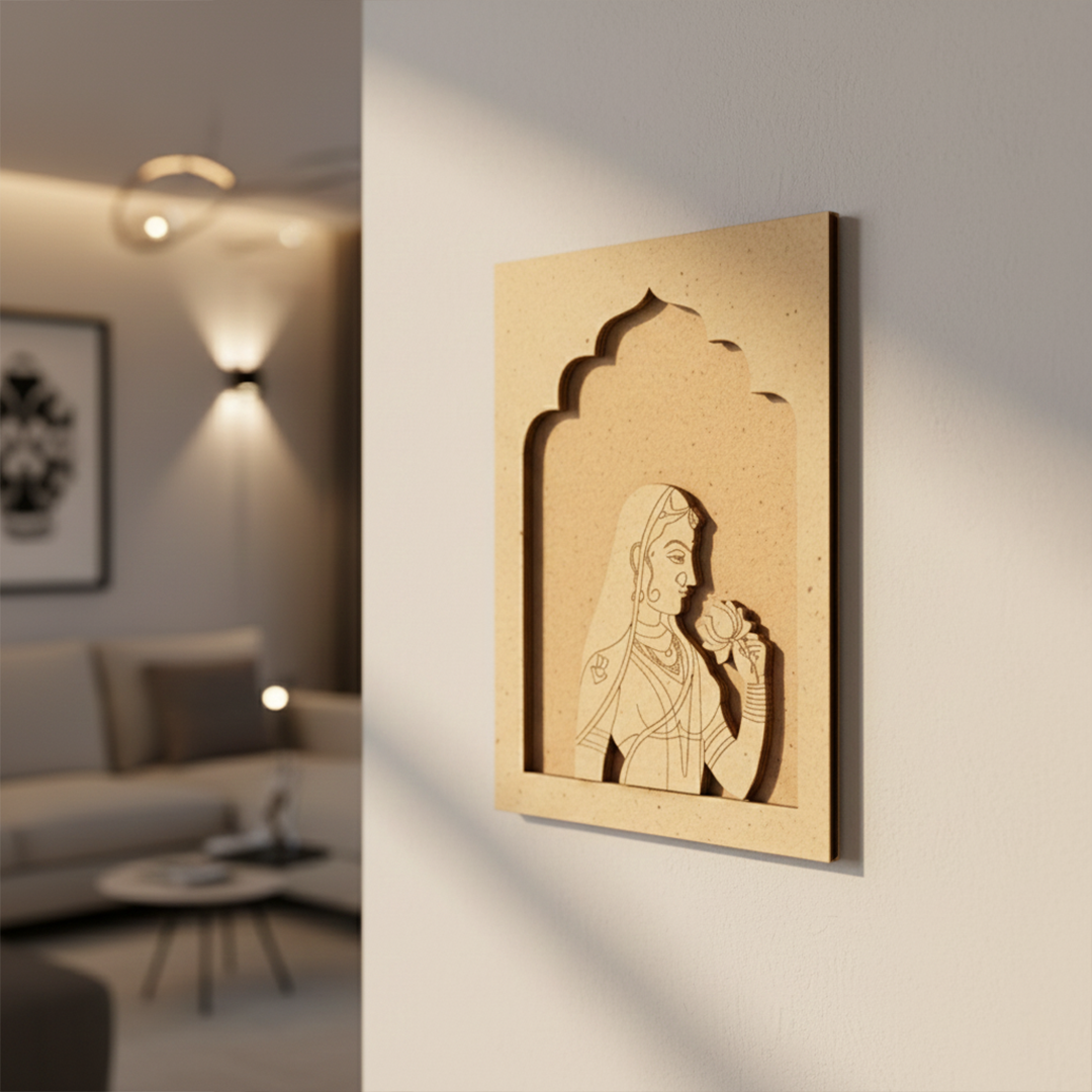Plain MDF craft base with engraved Rajasthani woman design, ready for DIY painting.