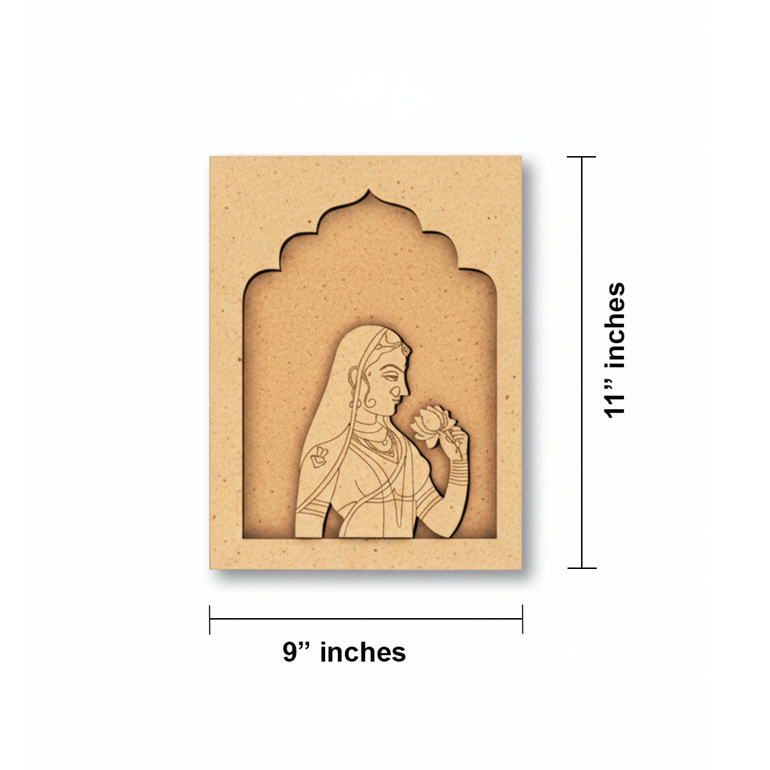 Plain MDF craft base with engraved Rajasthani woman design, ready for DIY painting.