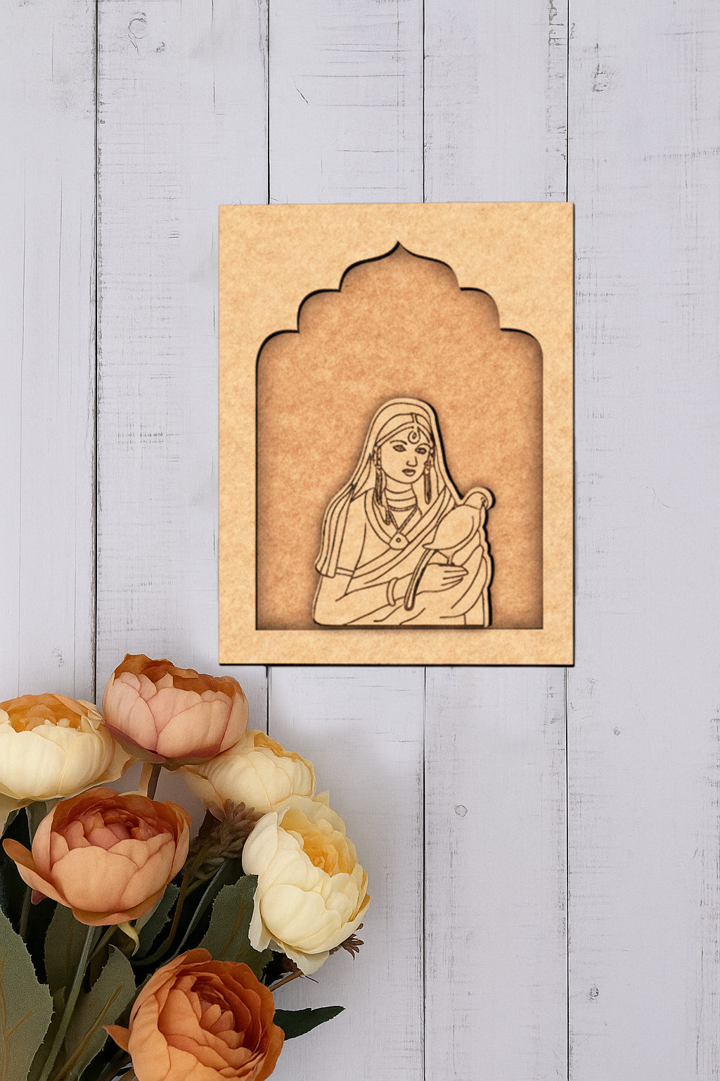 Traditional Rajasthani lady wall hanging with pigeon on green MDF base unpainted