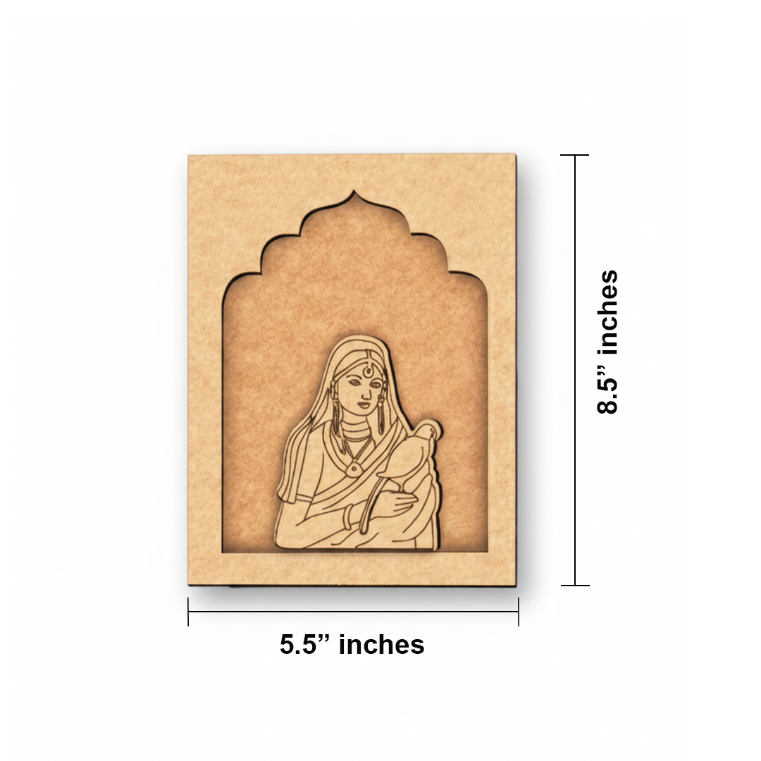 Traditional Rajasthani lady wall hanging with pigeon on green MDF base unpainted.