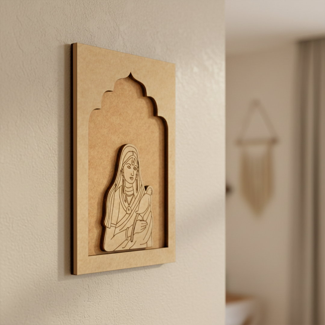 Traditional Rajasthani lady wall hanging with pigeon on green MDF base unpainted.