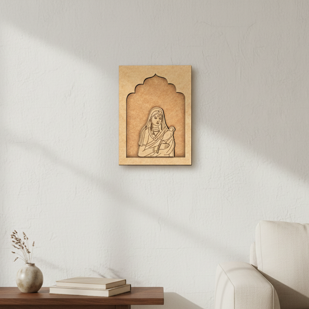 Traditional Rajasthani lady wall hanging with pigeon on green MDF base unpainted.