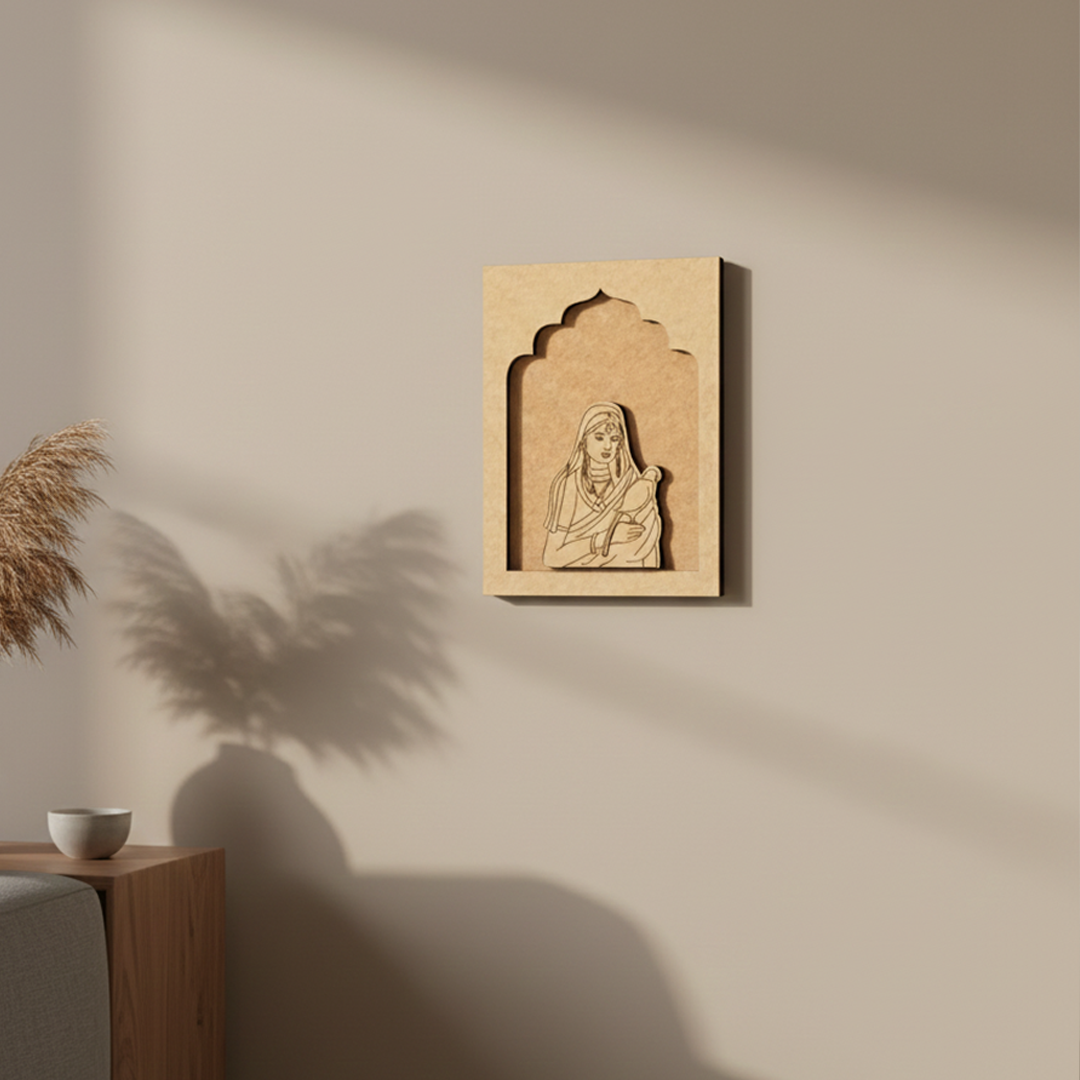 Traditional Rajasthani lady wall hanging with pigeon on green MDF base unpainted.