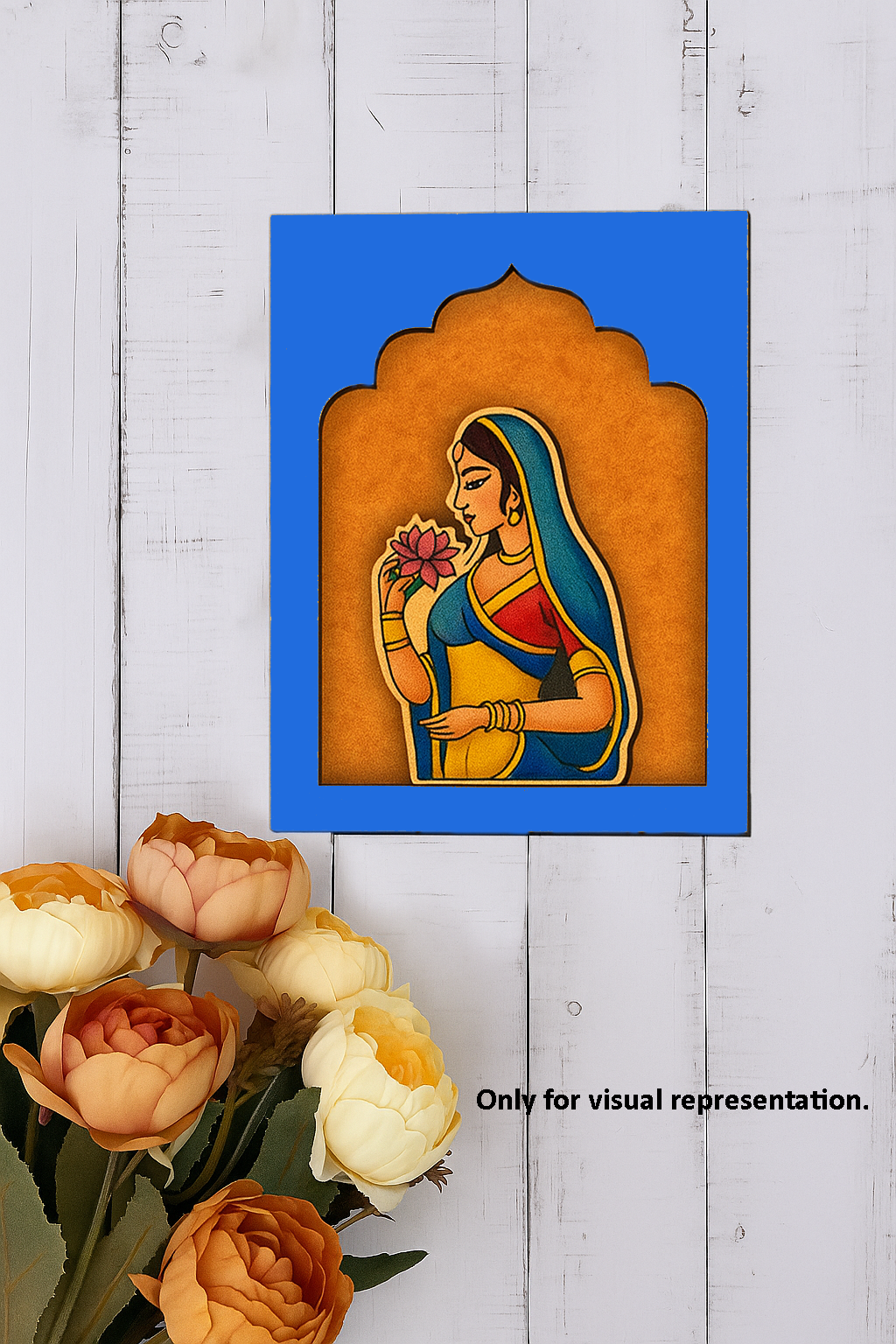Color-filled MDF wall hanging showing a traditional Indian woman in a yellow and blue saree holding a pink lotus flower