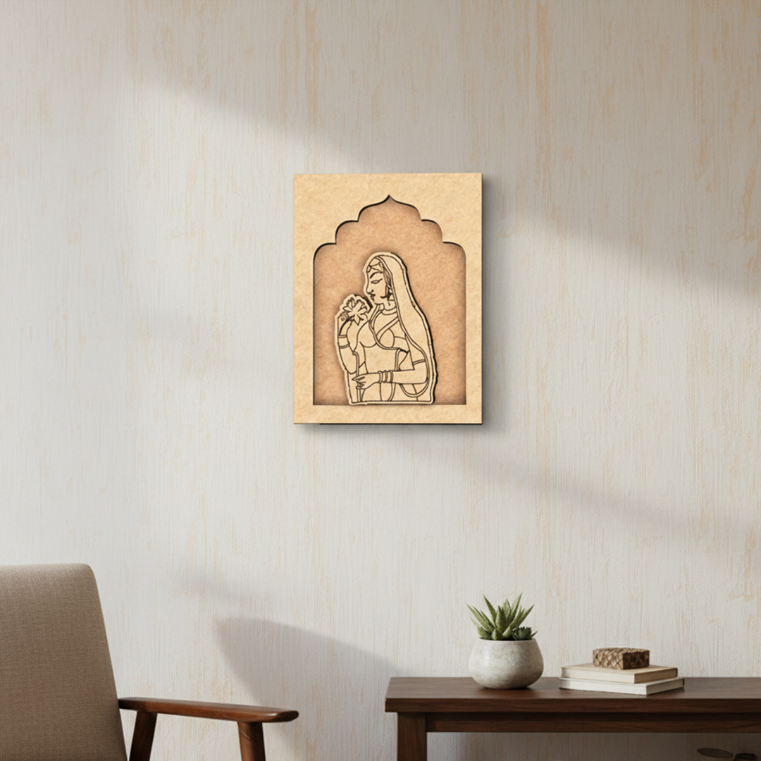 Unpainted MDF wall hanging with engraved outline of a traditional Indian woman holding a flower.