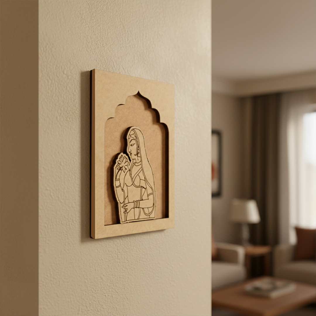 Unpainted MDF wall hanging with engraved outline of a traditional Indian woman holding a flower.