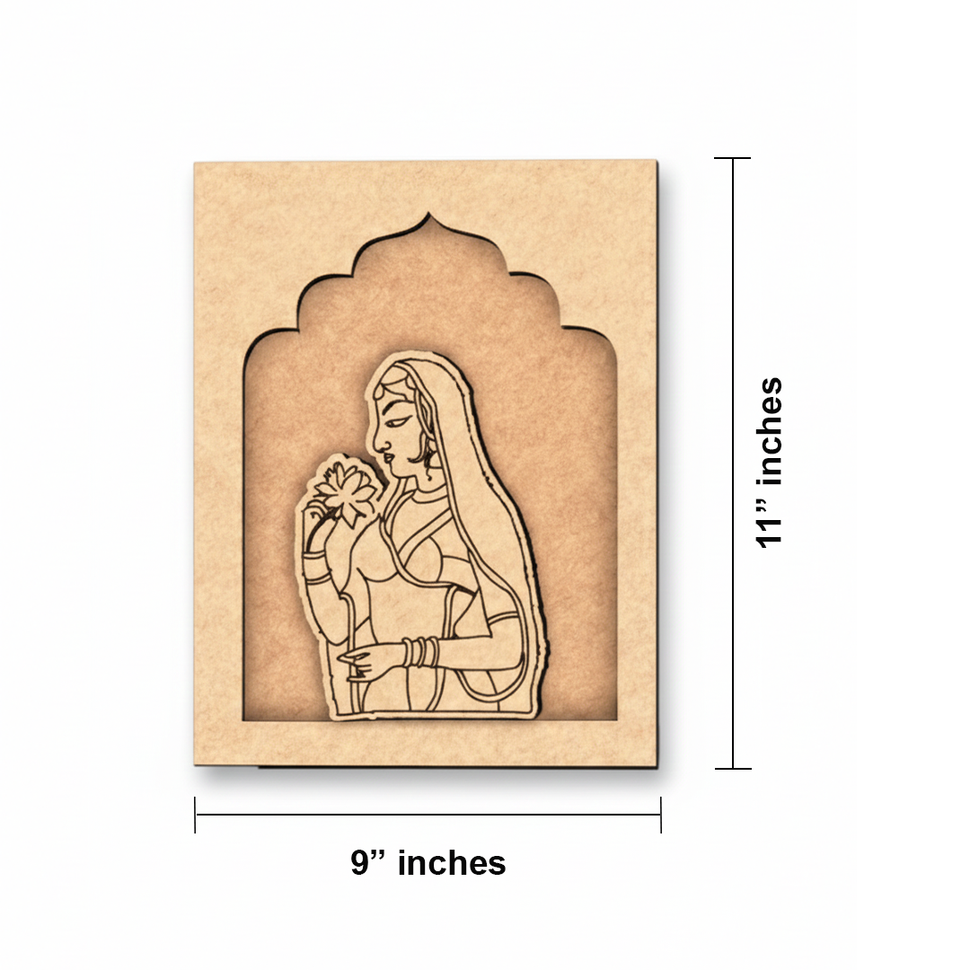 Unpainted MDF wall hanging with engraved outline of a traditional Indian woman holding a flower.