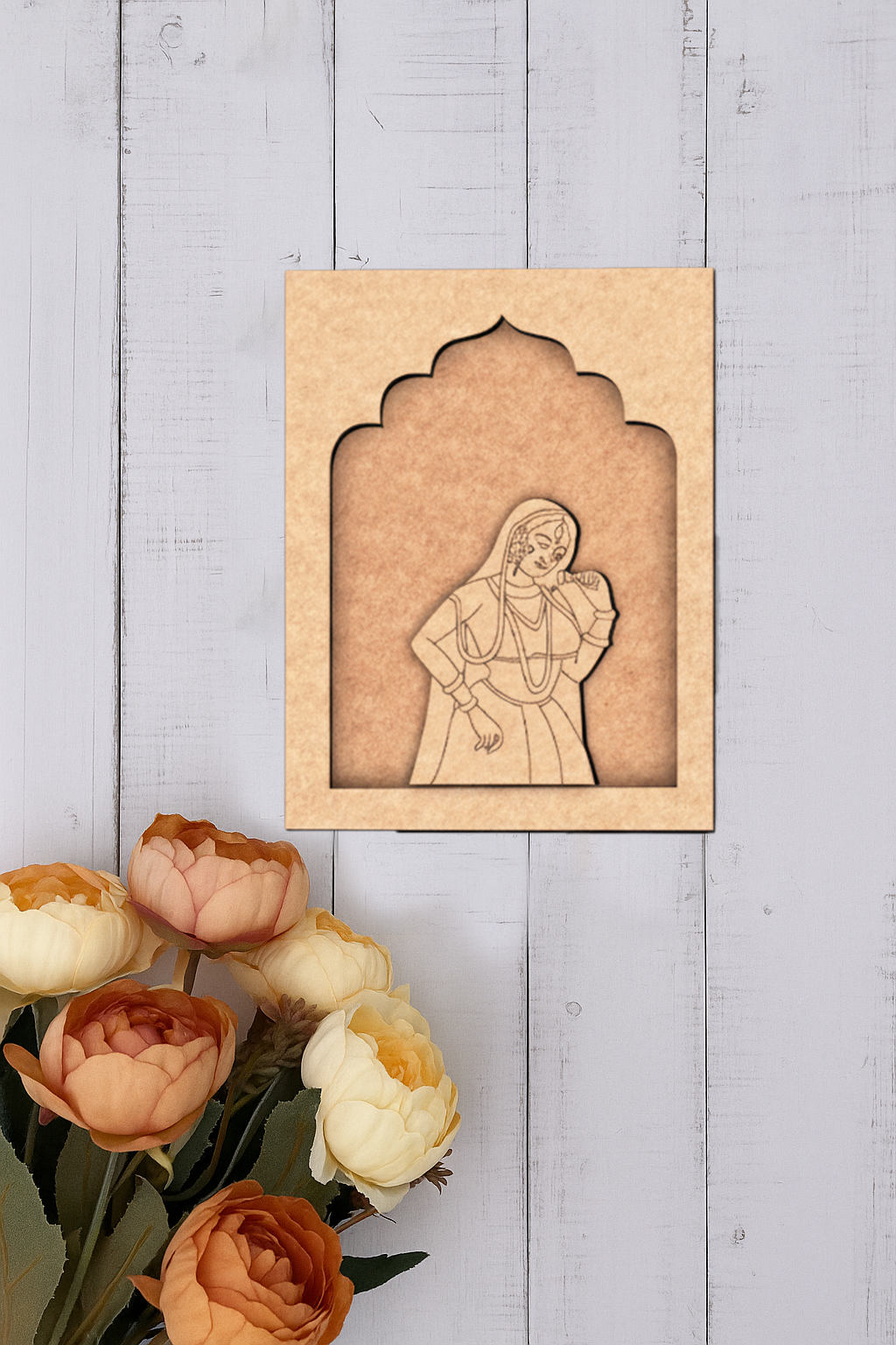 Ethnic MDF wall hanging of Rajasthani lady in red dress dancing pose unpainted.