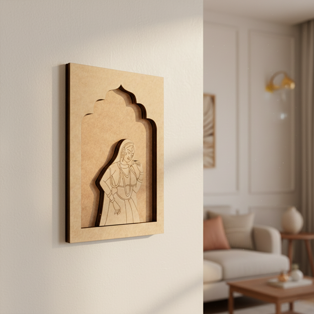 Ethnic MDF wall hanging of Rajasthani lady in red dress dancing pose unpainted.