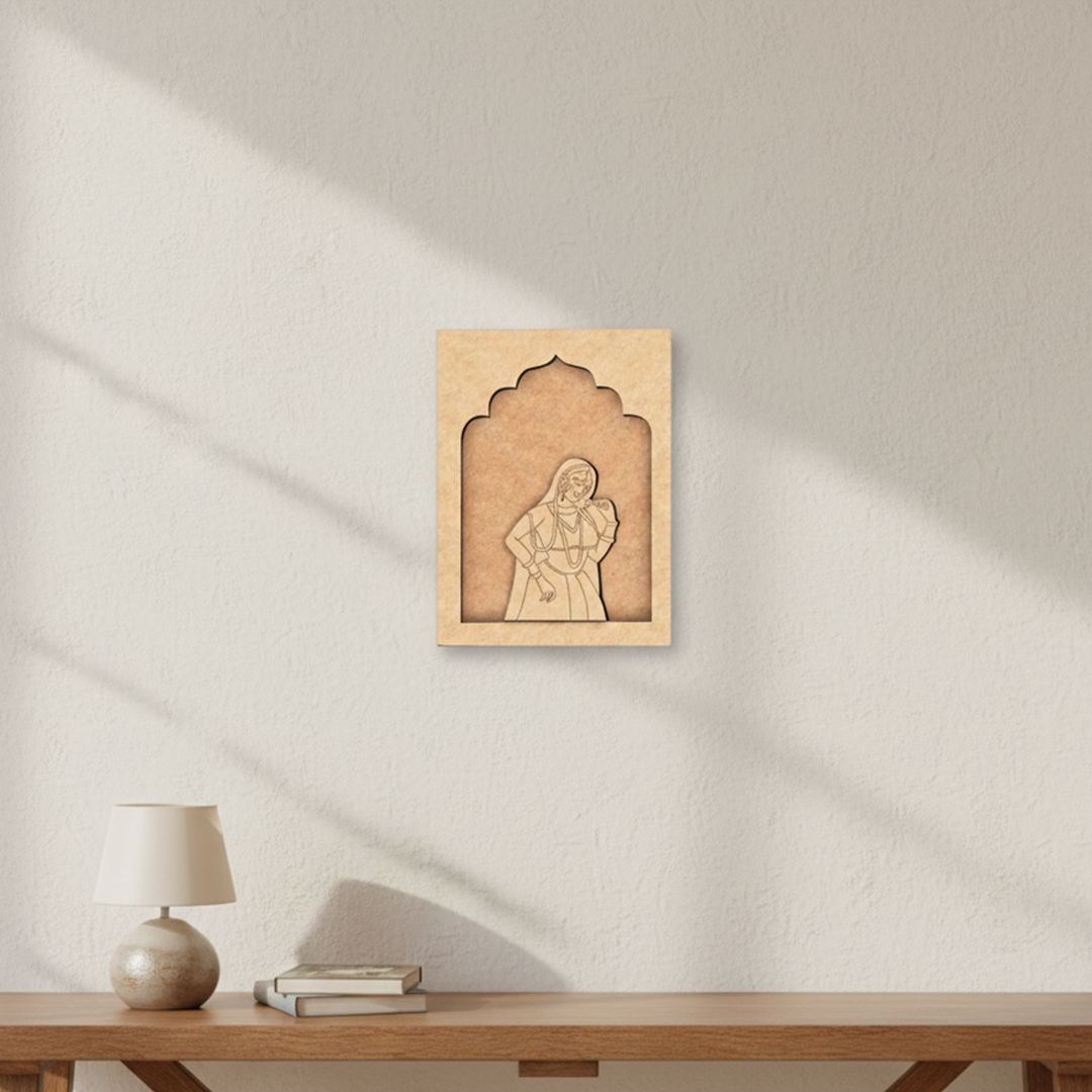 Ethnic MDF wall hanging of Rajasthani lady in red dress dancing pose unpainted.