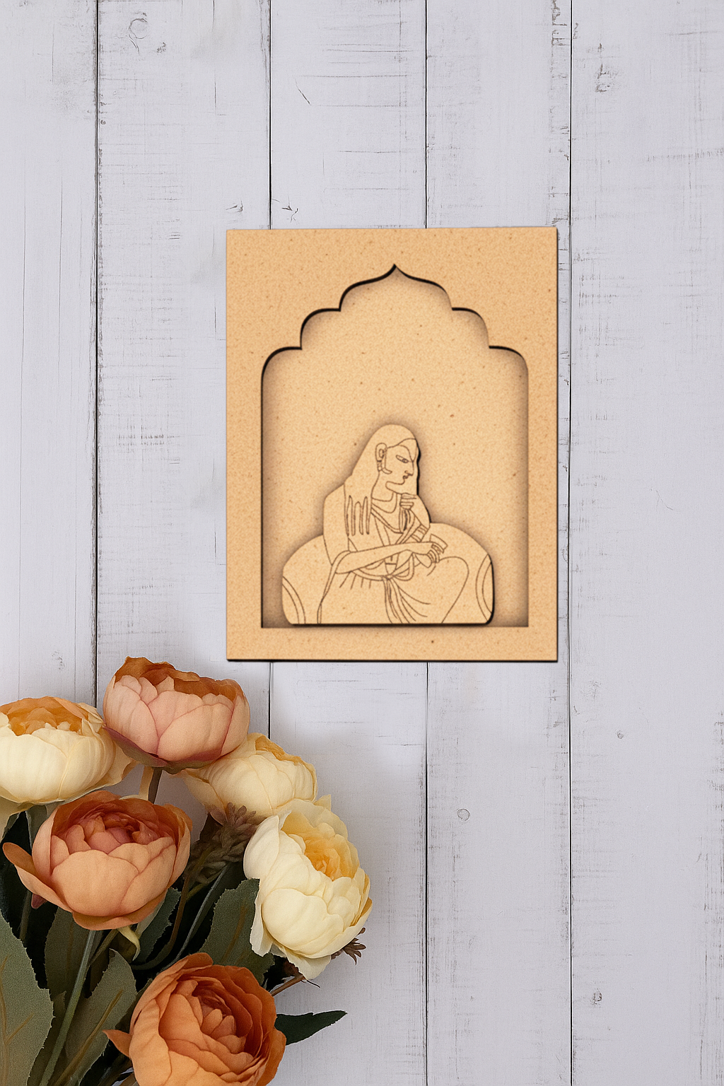 Traditional MDF wall hanging of Rajasthani lady sitting in royal attire unpainted