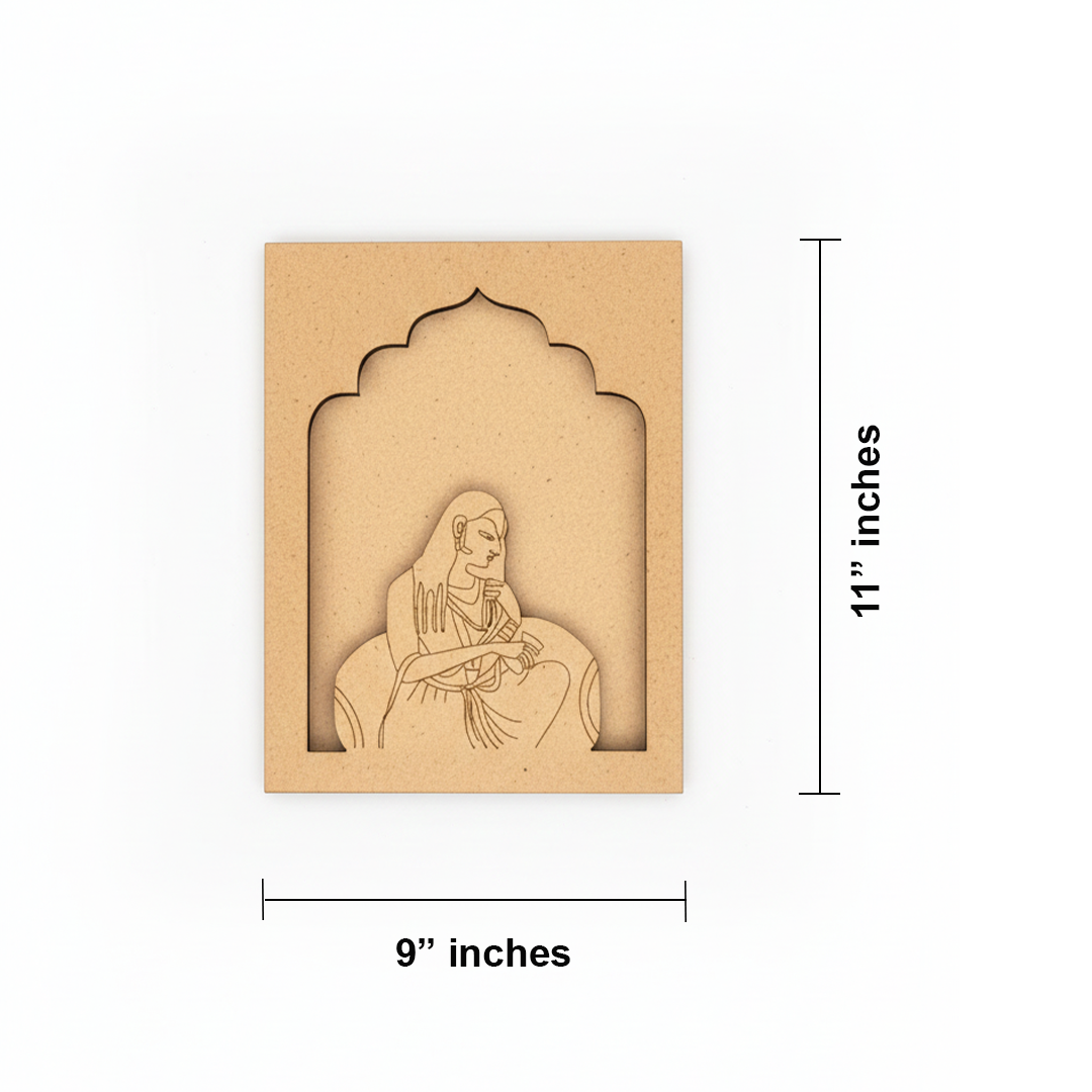 Traditional MDF wall hanging of Rajasthani lady sitting in royal attire unpainted.