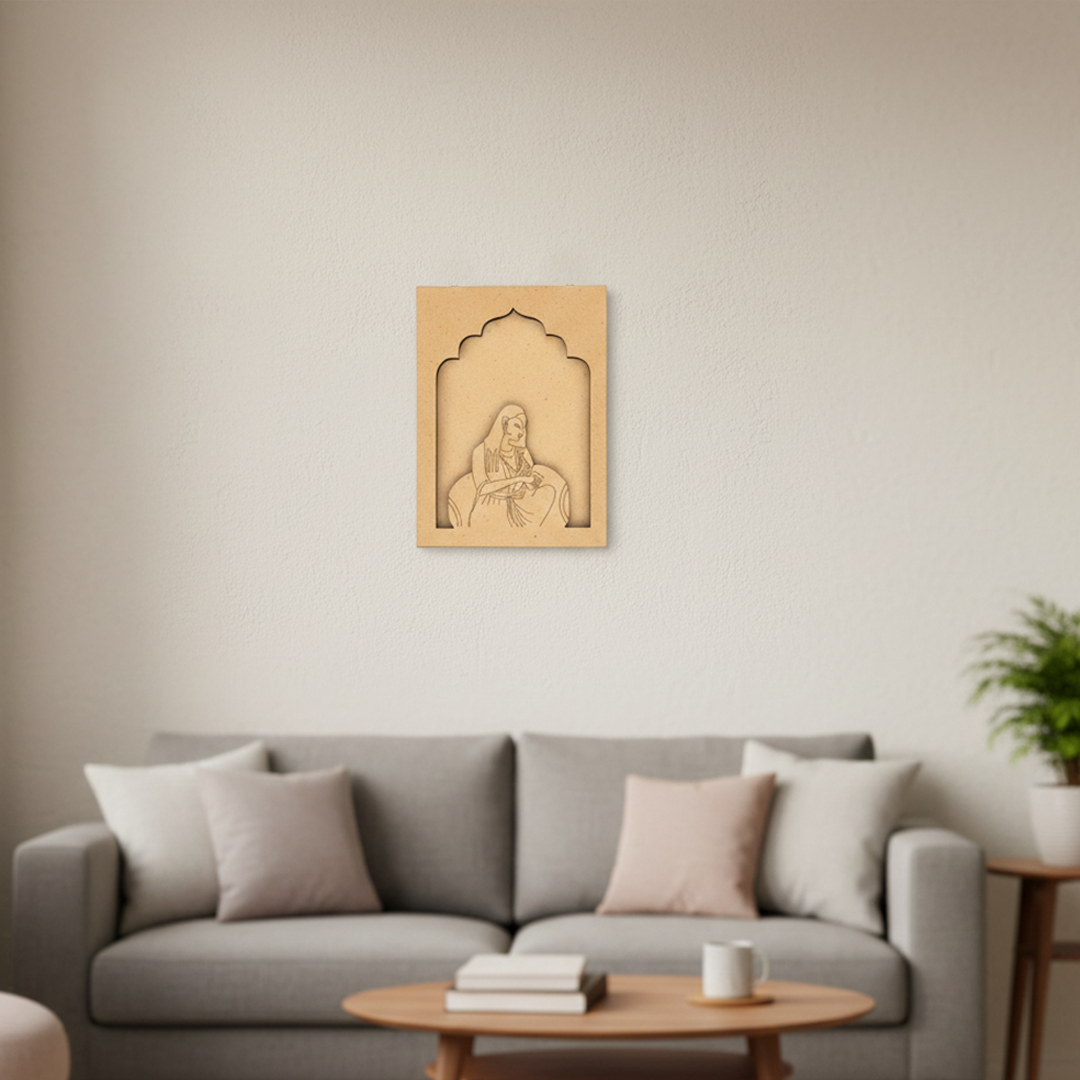 Traditional MDF wall hanging of Rajasthani lady sitting in royal attire unpainted.