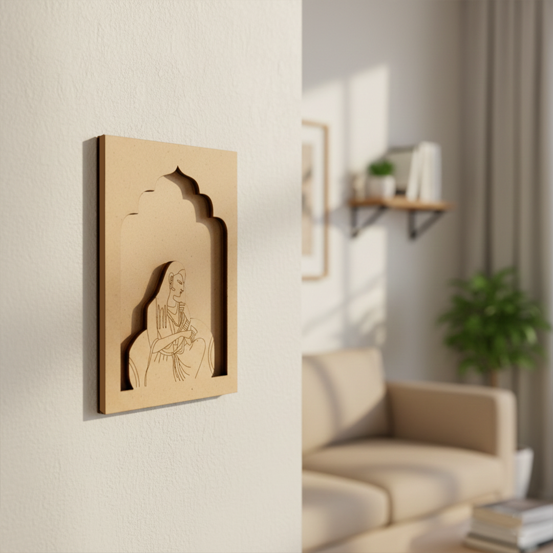 Traditional MDF wall hanging of Rajasthani lady sitting in royal attire unpainted.