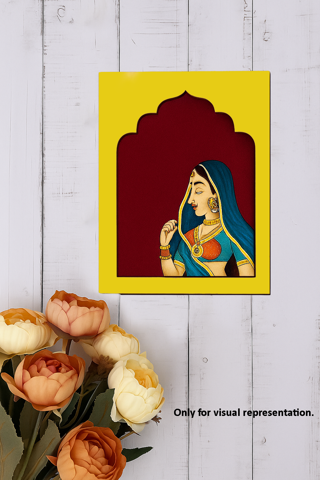 MDF wall hanging of Rajasthani lady in blue saree with yellow frame