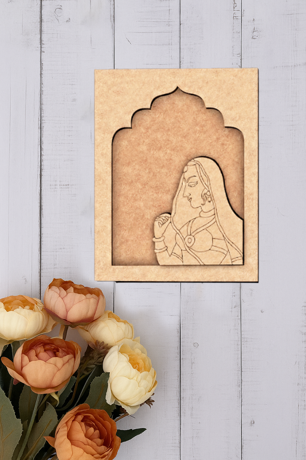 MDF wall hanging of Rajasthani lady in blue saree with yellow frame unpainted