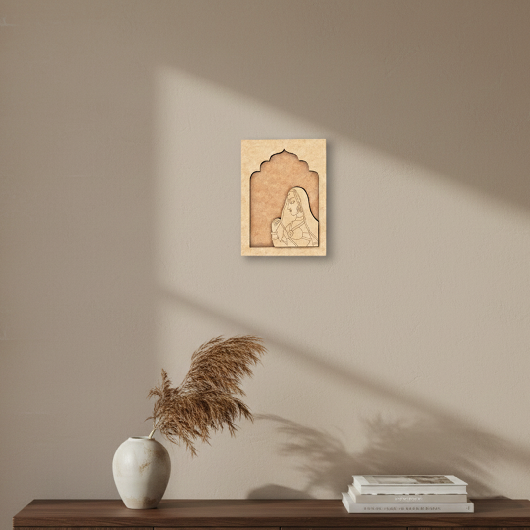 MDF wall hanging of Rajasthani lady in blue saree with yellow frame unpainted.