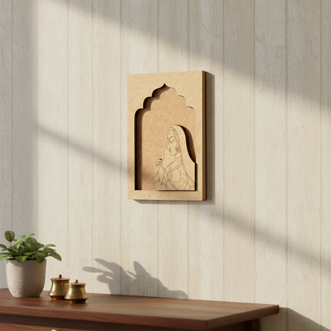 MDF wall hanging of Rajasthani lady in blue saree with yellow frame unpainted.