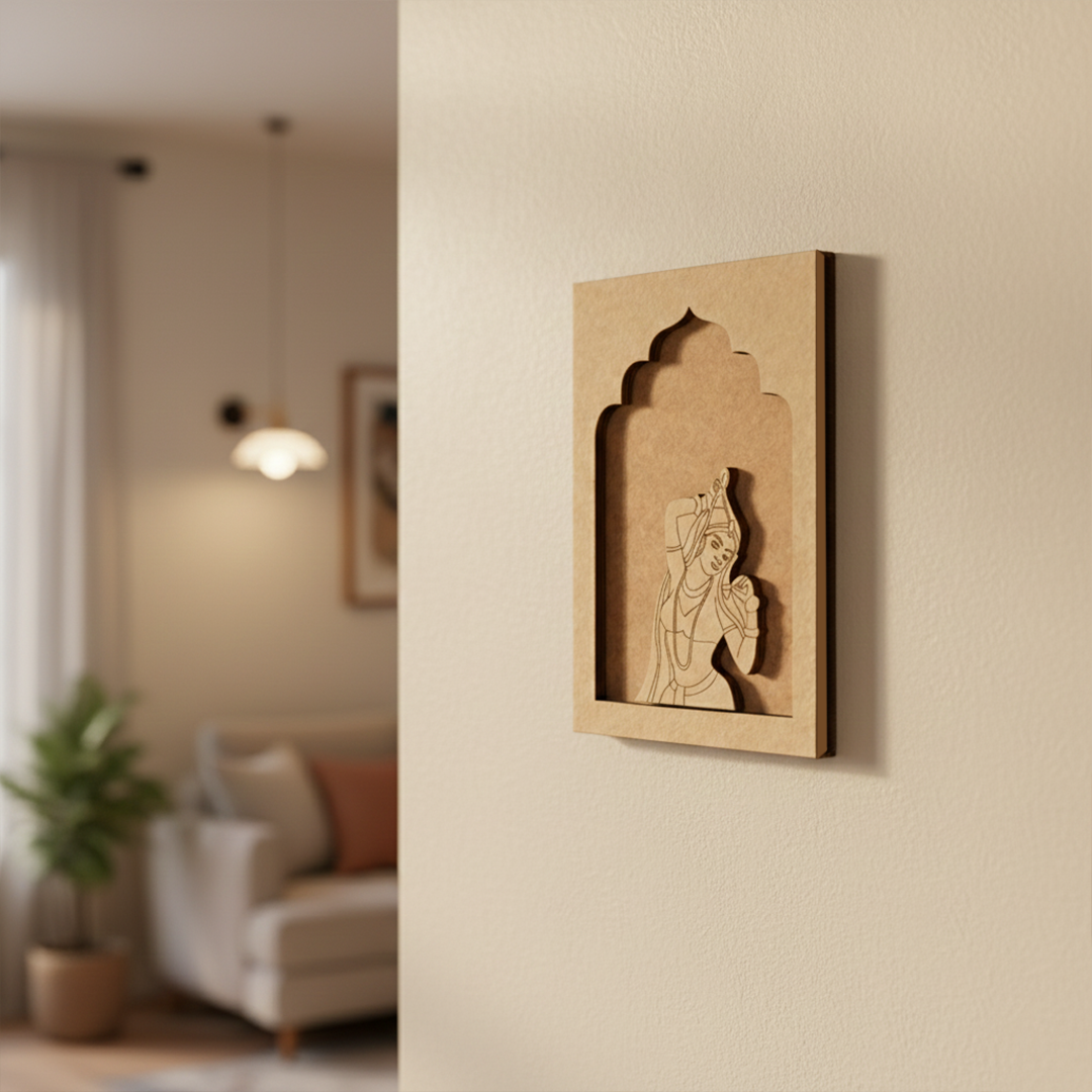 Ethnic MDF wall hanging of Rajasthani lady in dancing pose – traditional home décor unpainted.