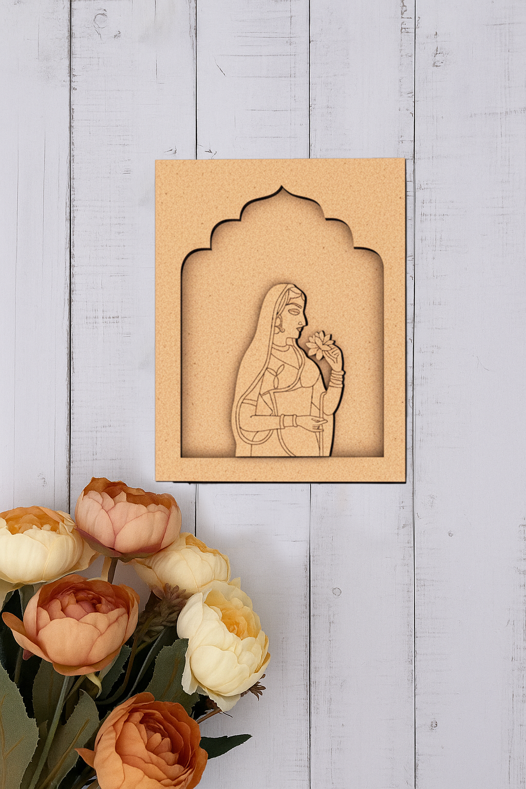 MDF wall hanging of Rajasthani lady holding lotus – green frame décor