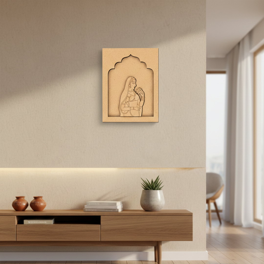 MDF wall hanging of Rajasthani lady holding lotus – green frame décor.