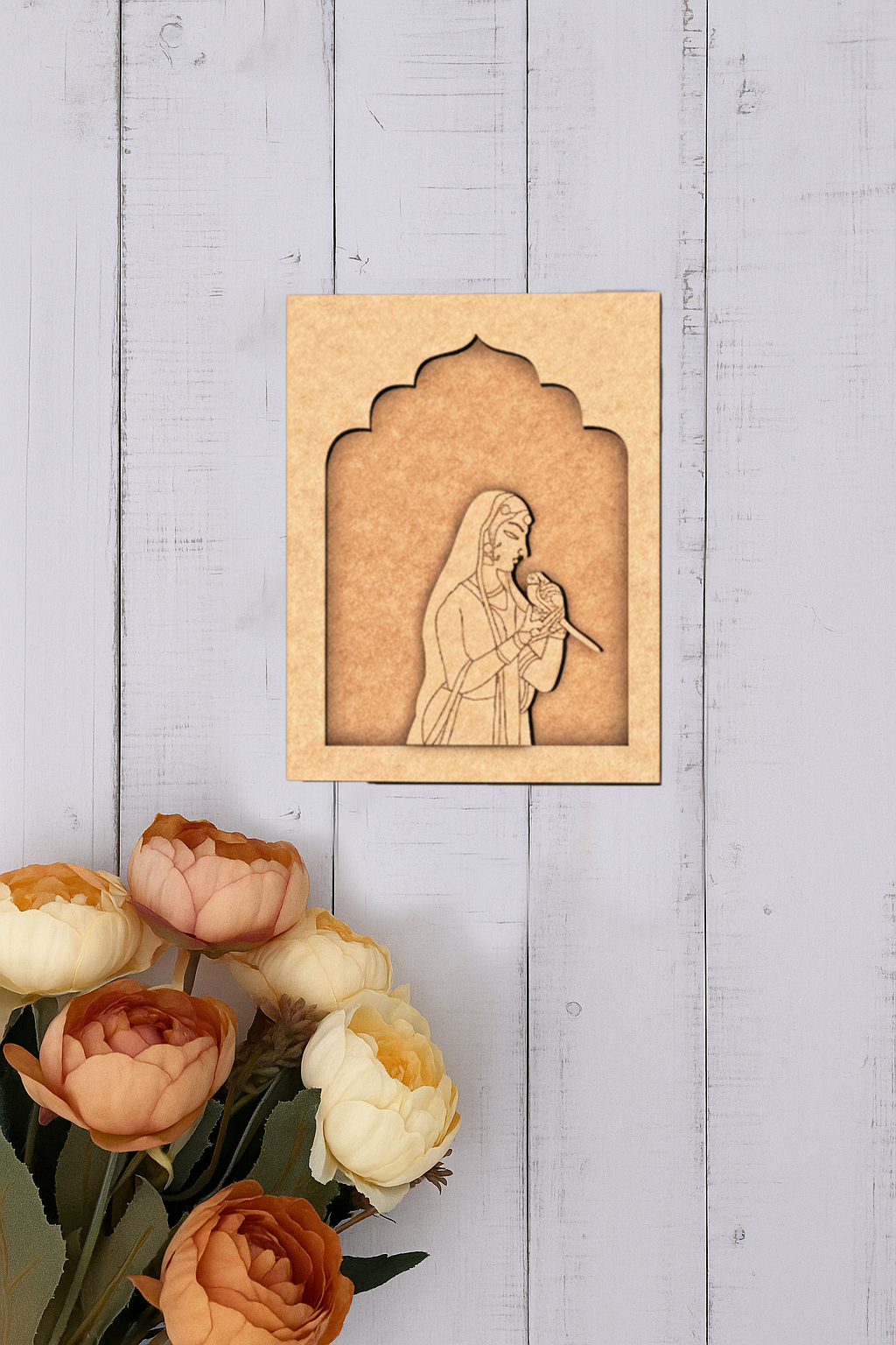 MDF wall hanging of Rajasthani lady with parrot – yellow frame décor unpainted