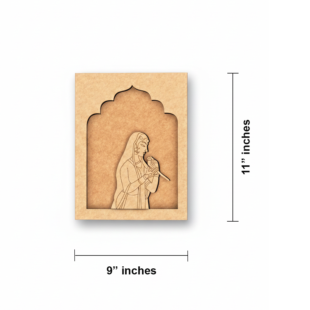 MDF wall hanging of Rajasthani lady with parrot – yellow frame décor unpainted.