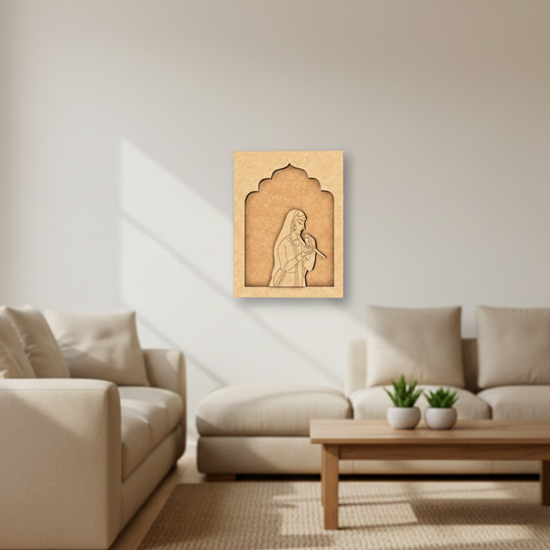 MDF wall hanging of Rajasthani lady with parrot – yellow frame décor unpainted.