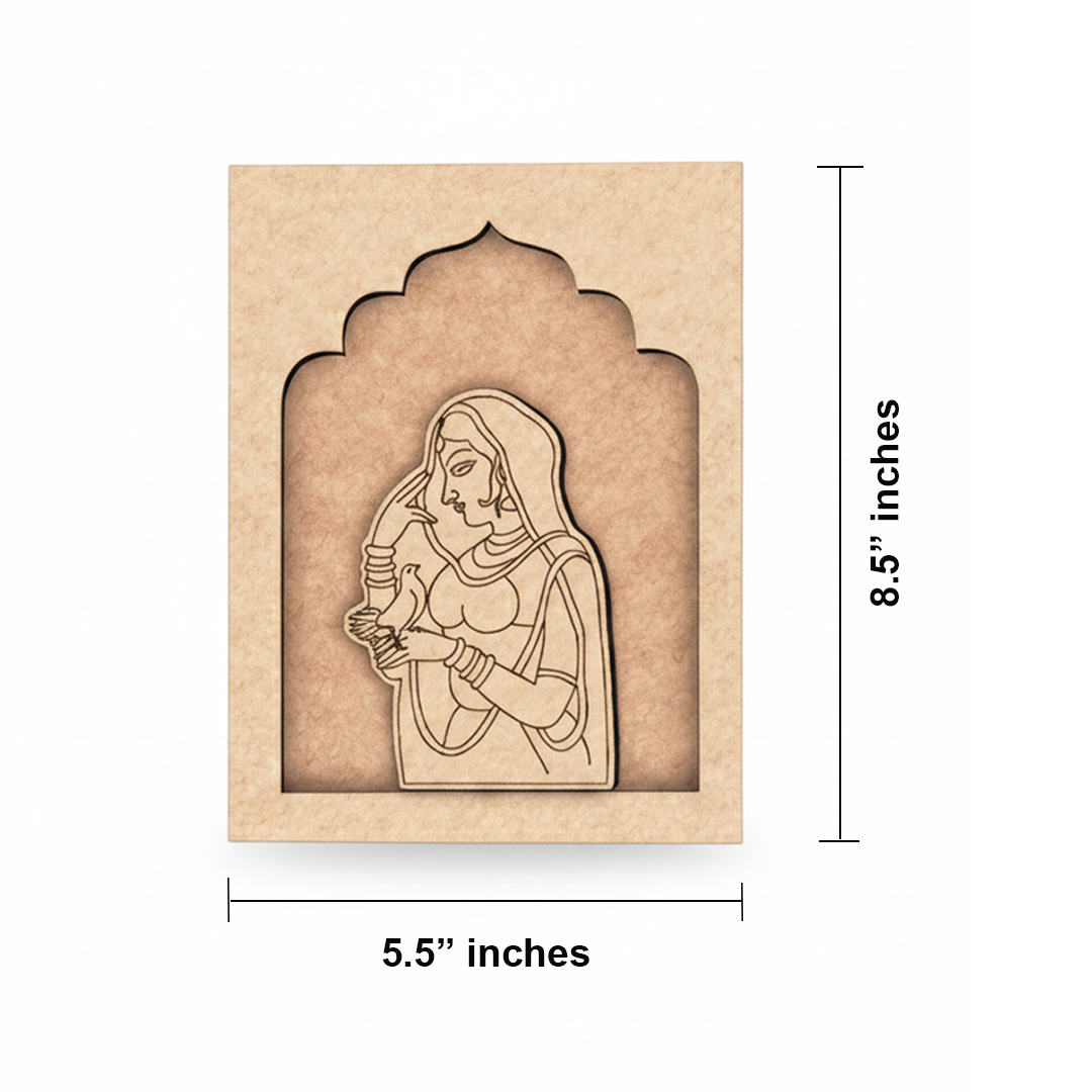 Traditional Indian wall art of woman holding white bird – cultural MDF décor piece unpainted.