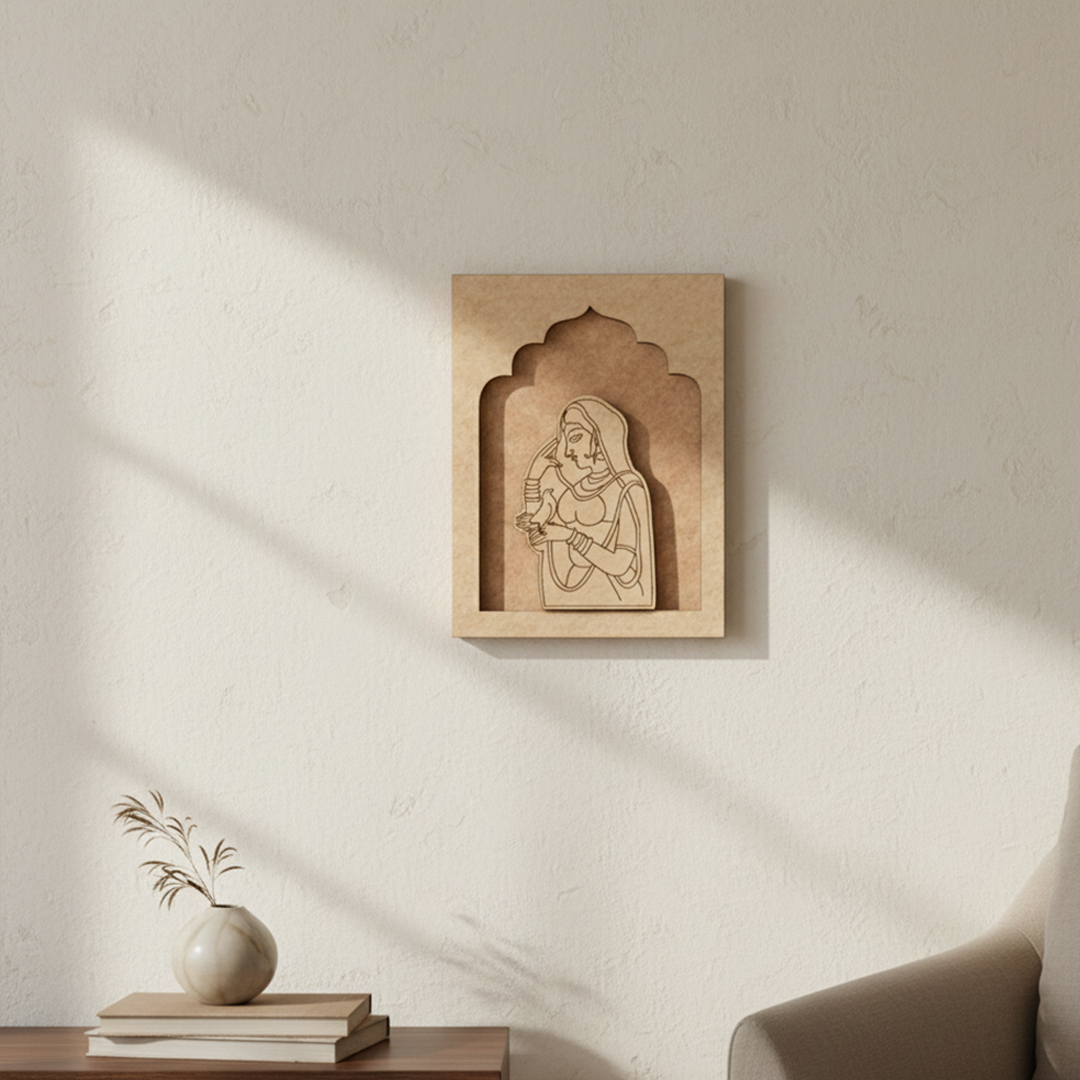Traditional Indian wall art of woman holding white bird – cultural MDF décor piece unpainted.