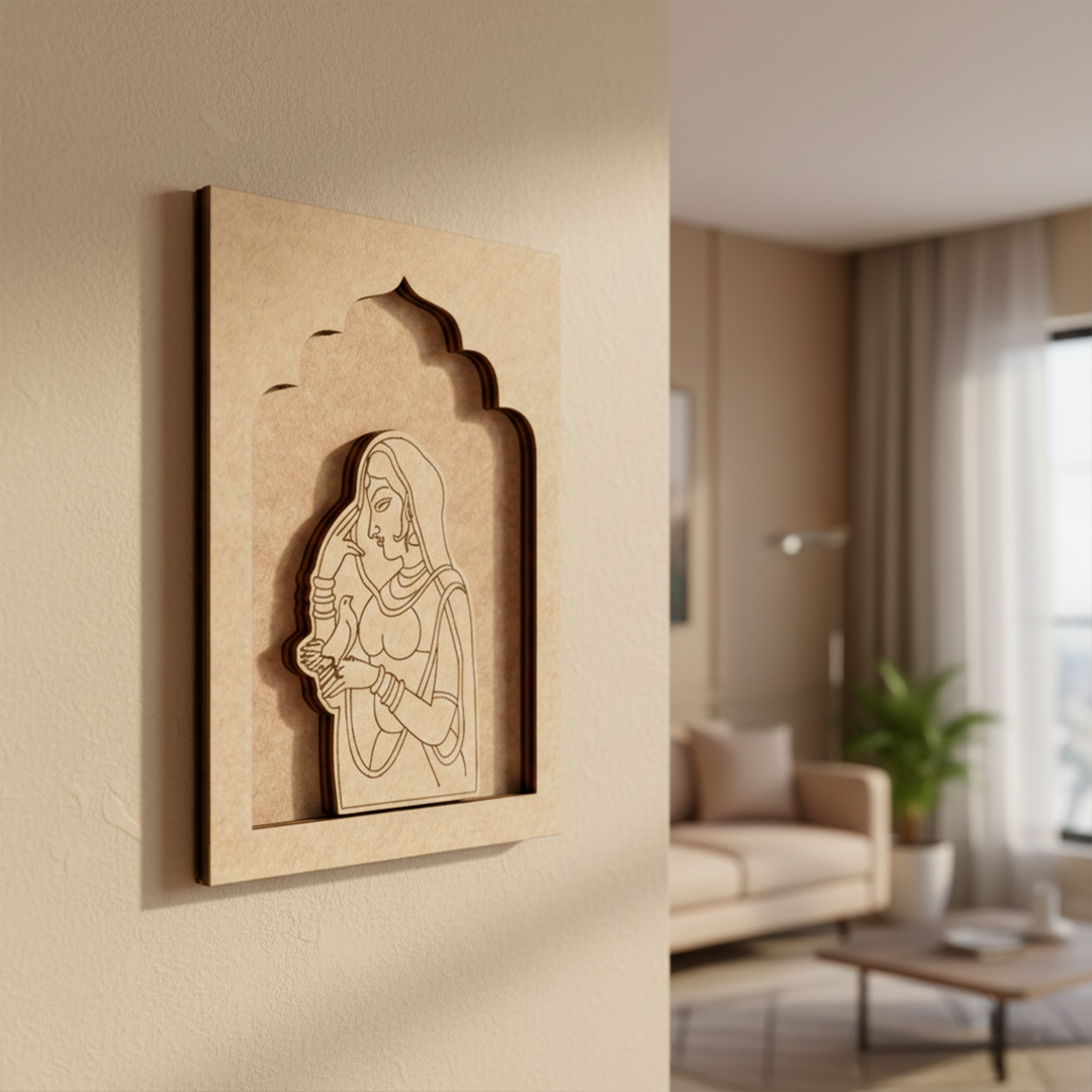 Traditional Indian wall art of woman holding white bird – cultural MDF décor piece unpainted.