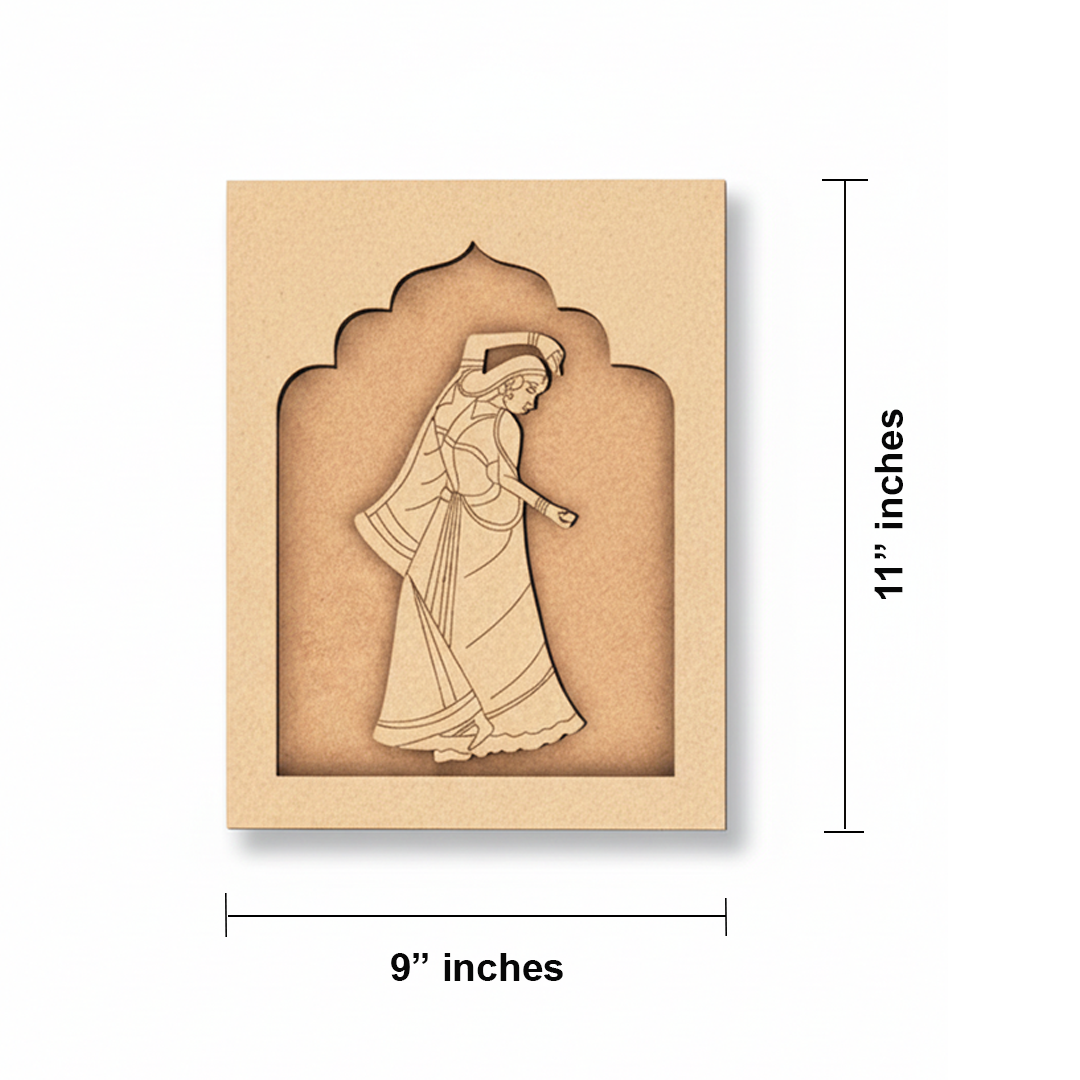 Unpainted MDF base of a traditional Indian woman in sari, ideal for DIY painting and craft décor.