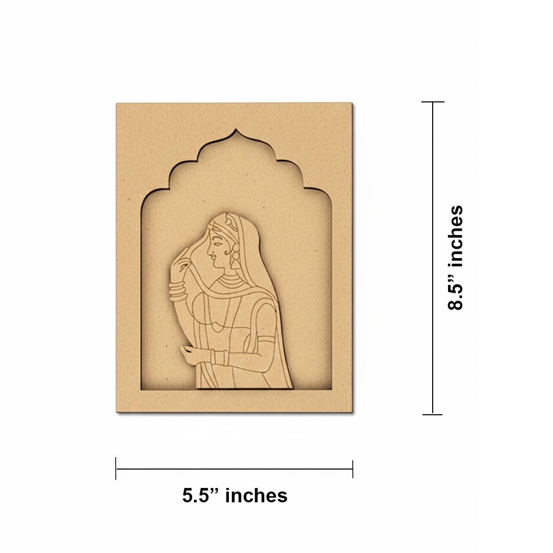 Unfinished MDF base with engraved traditional Indian woman design, perfect for DIY craft and home décor.