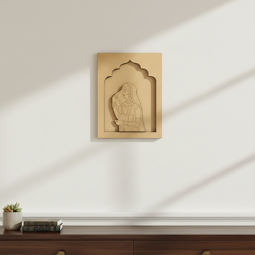 Unfinished MDF base with engraved traditional Indian woman design, perfect for DIY craft and home décor.