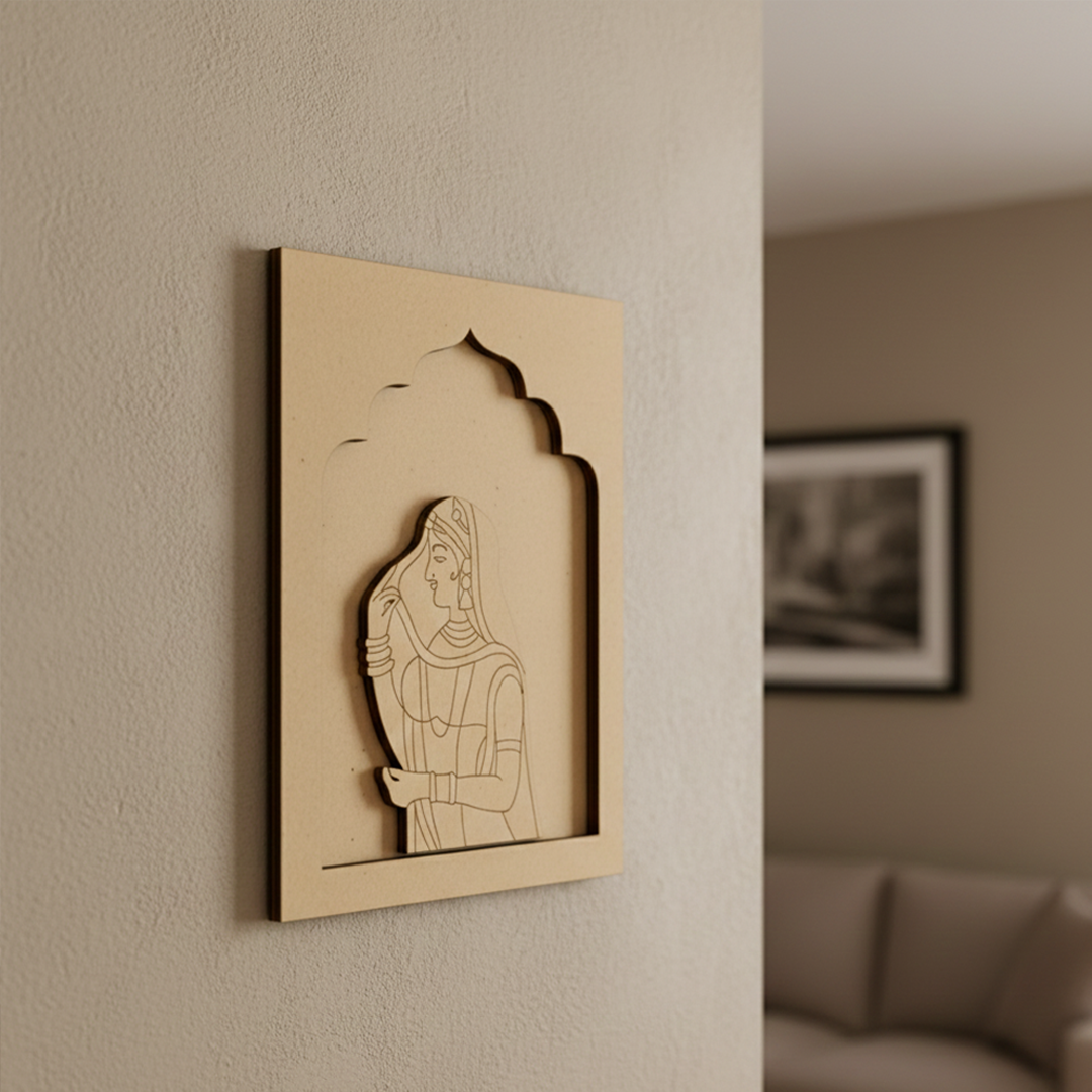 Unfinished MDF base with engraved traditional Indian woman design, perfect for DIY craft and home décor.