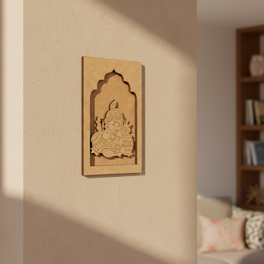 Baby Krishna pre-marked MDF wall hanging base for DIY painting and craft projects.