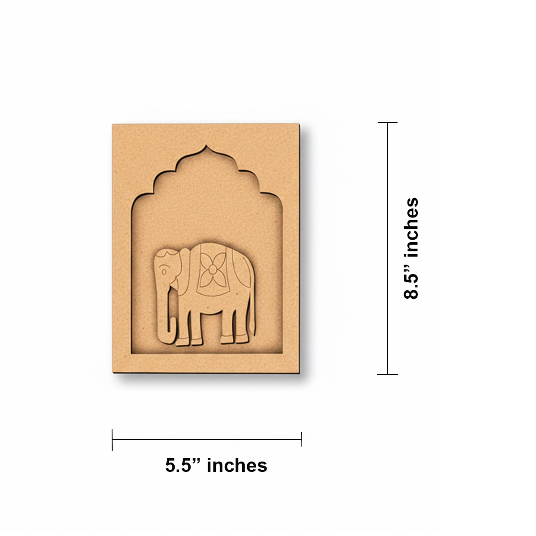 Raw MDF elephant wall hanging base with carved floral pattern for DIY painting.