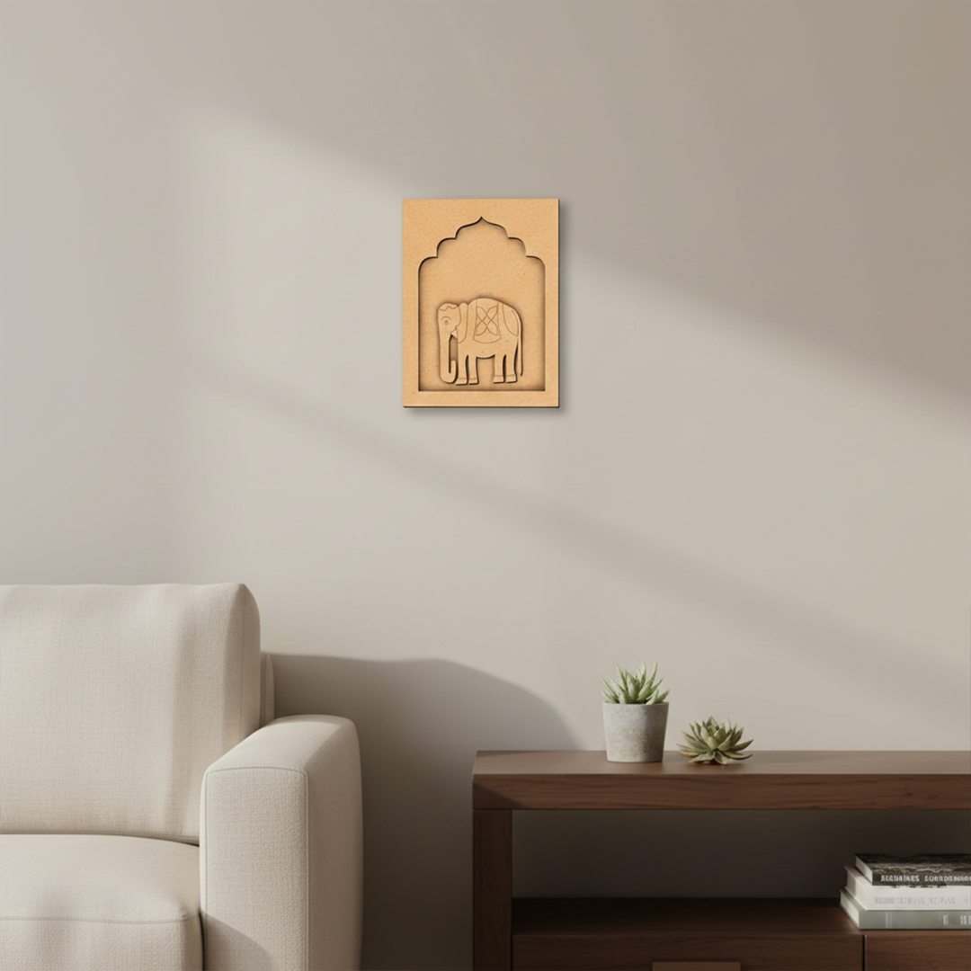 Raw MDF elephant wall hanging base with carved floral pattern for DIY painting.