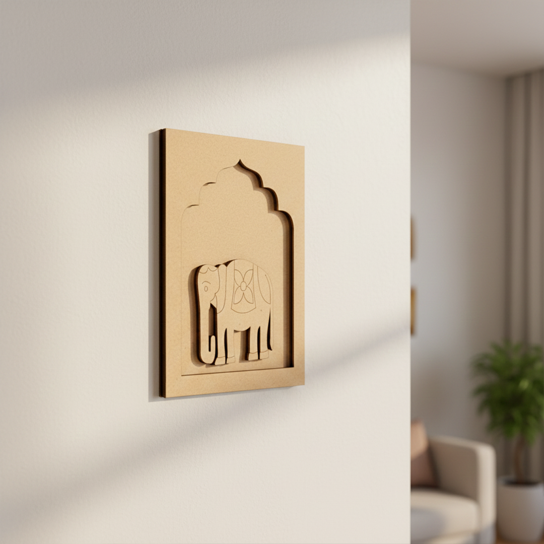 Raw MDF elephant wall hanging base with carved floral pattern for DIY painting.