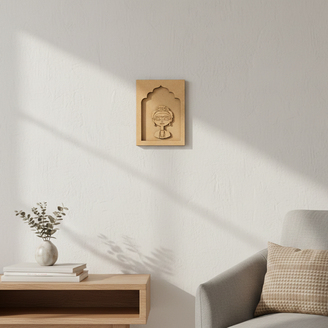 Unpainted MDF Frida Kahlo wall hanging craft base for DIY painting and decoration.