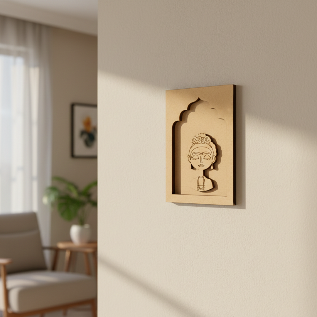 Unpainted MDF Frida Kahlo wall hanging craft base for DIY painting and decoration.