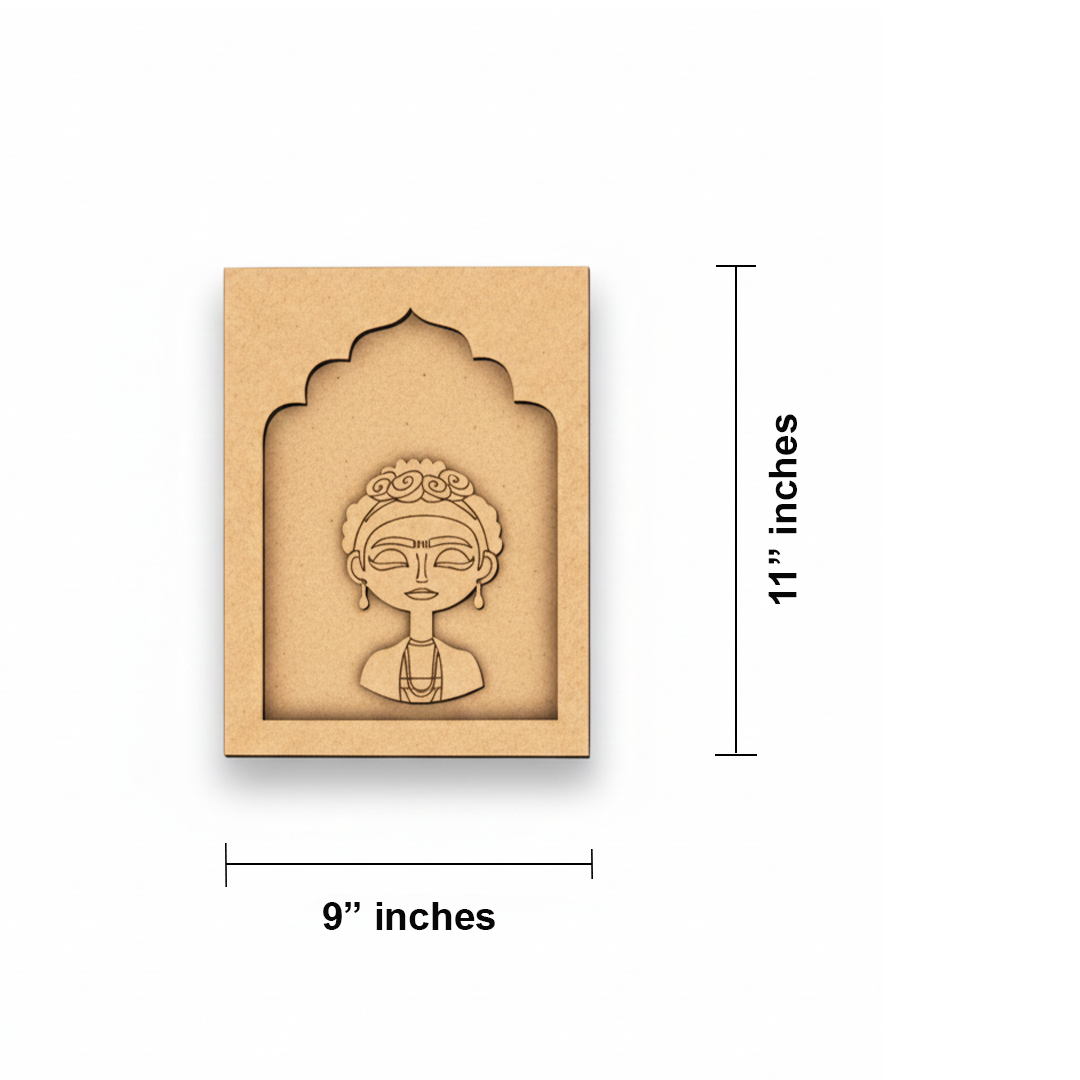 Unpainted MDF Frida Kahlo wall hanging craft base for DIY painting and decoration.