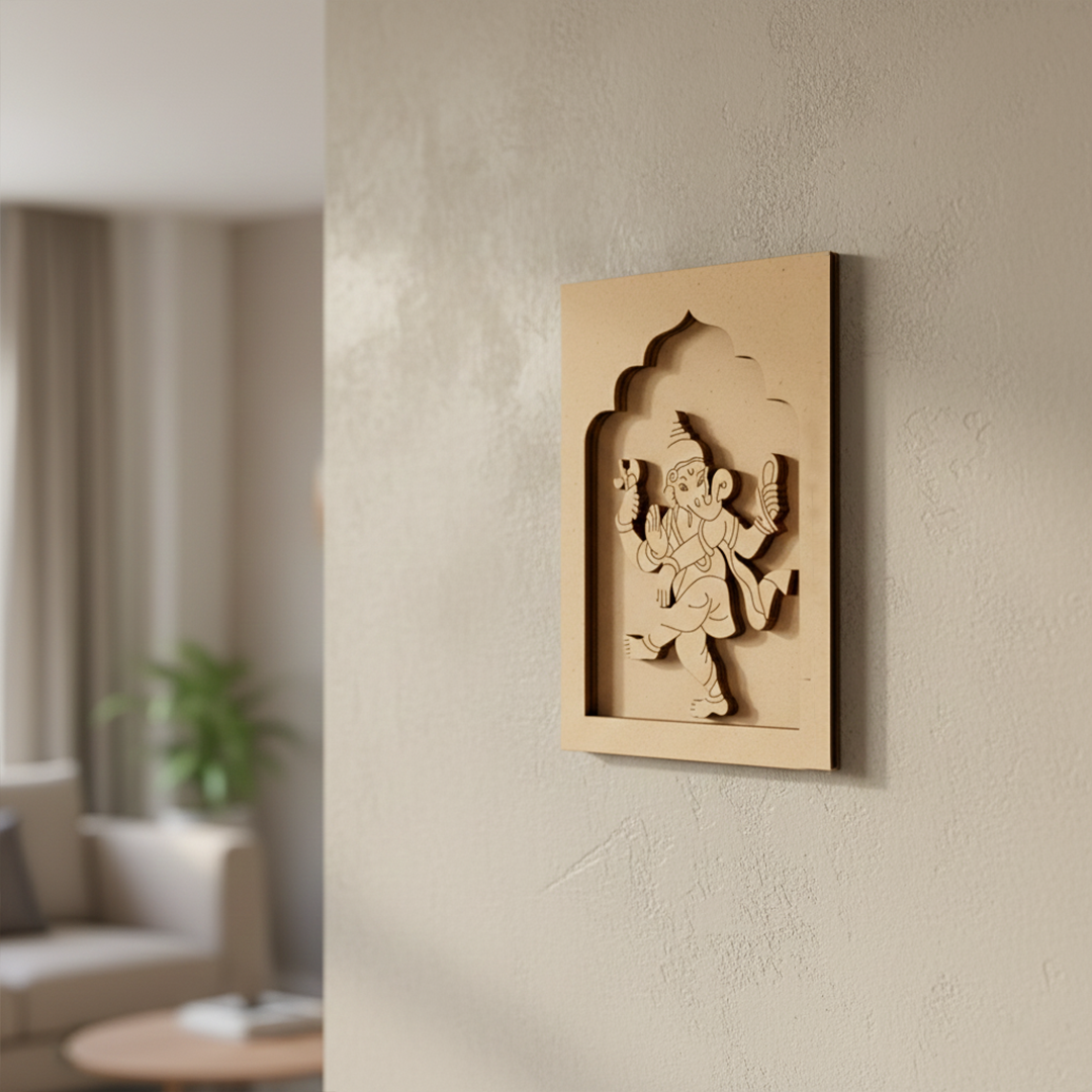 Unpainted MDF Lord Ganesha engraved wall hanging base for DIY art and décor.