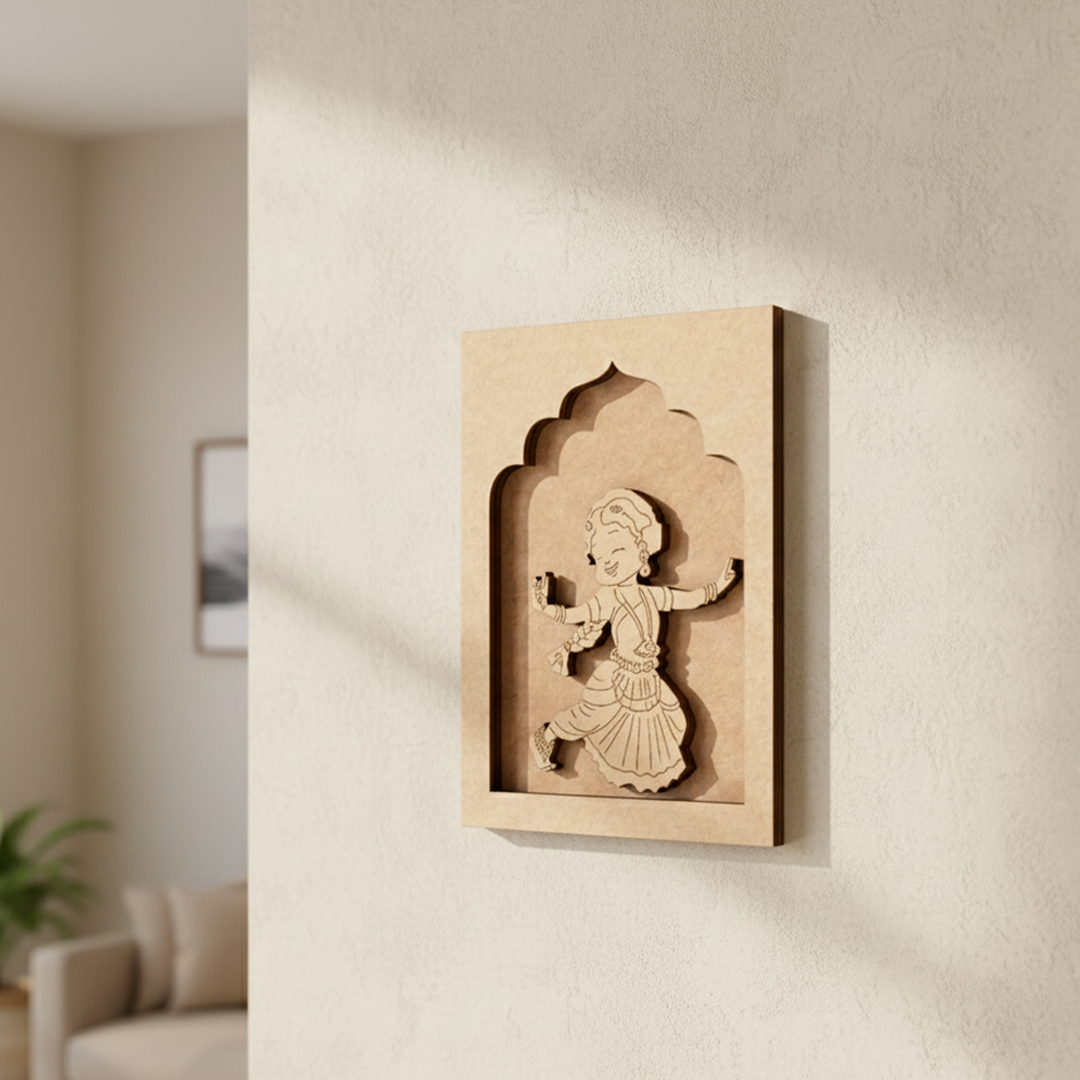 Painted version of MDF dancing girl craft base with colorful detailing for wall décor.