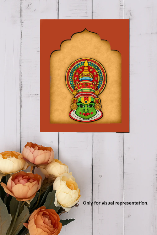 Decorative Jharokha t with a colorful Kathakali on a MDF frame against a white wooden panel background.