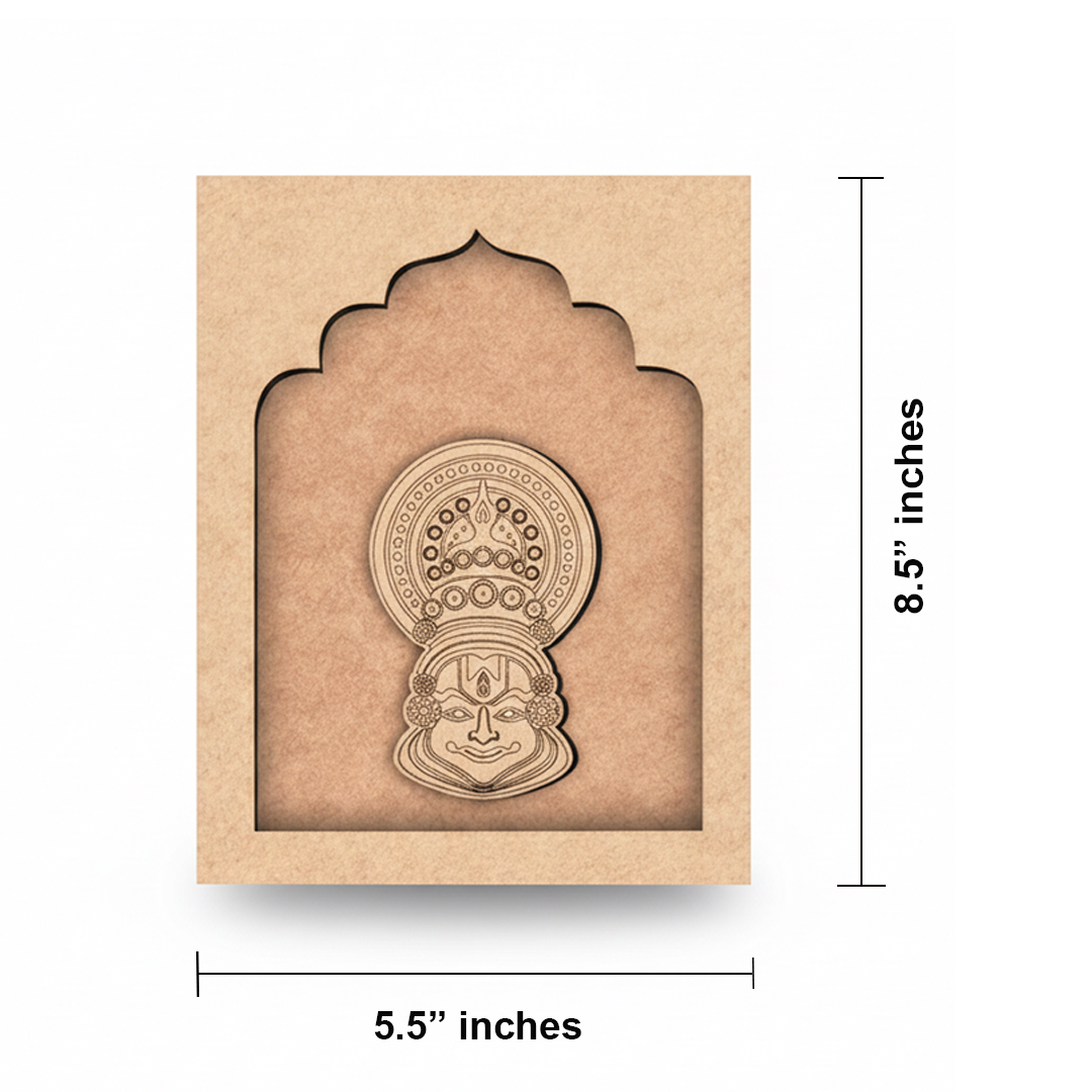 MDF Kathakali face wall hanging decorative art frame on white background.