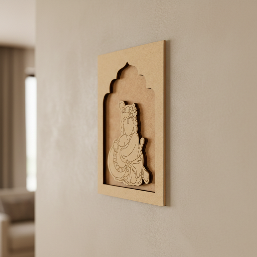 Baby Krishna with Matki MDF craft base in unfinished wooden texture.