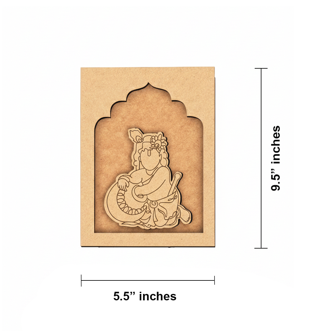 Baby Krishna with Matki MDF craft base in unfinished wooden texture.