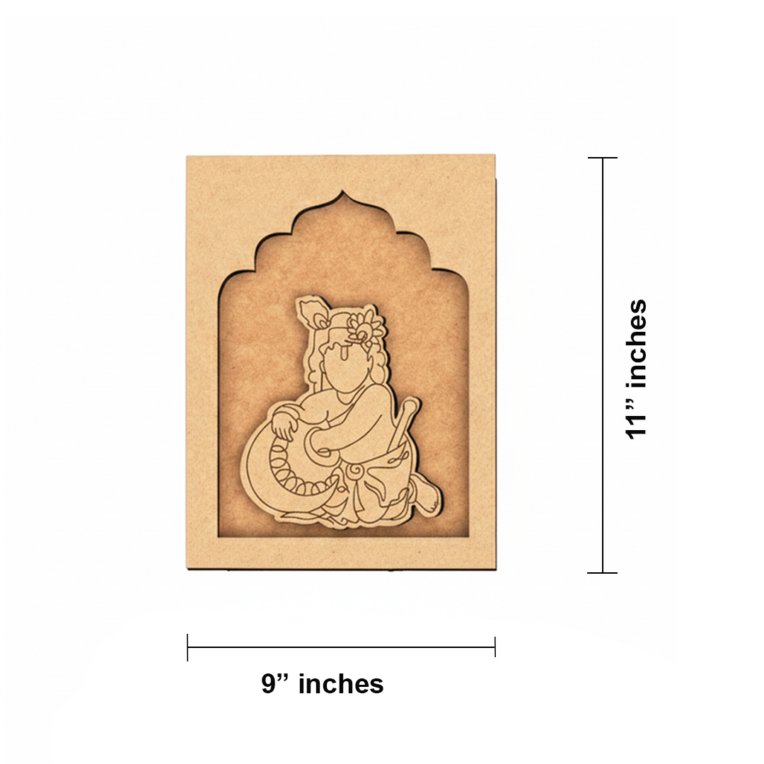 Baby Krishna with Matki MDF craft base in unfinished wooden texture.